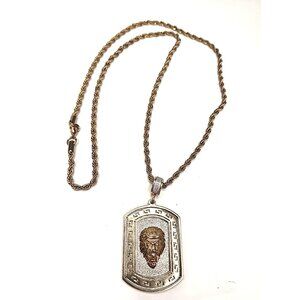 vintage Mens 30 inch rope chain ICED OUT Dog Tag Lion Head Pendant Necklace